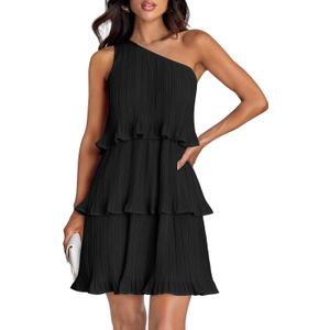 ZESICA Women's 2025 Summer Sleeveless Mini Dress Boho One Shoulder Ruffle Tiered Layered Flowy A Line Dresses, L 