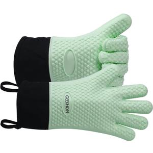GEEKHOM BBQ Gloves Heat Resistant Oven Mitts - Silicone Grilling Gloves with 13.7" Arm Protection - Waterproof Pot Holder Non-Slip for Men & Women, Kitchen Outdoor Cooking, Baking, Camping, Mint Green XL