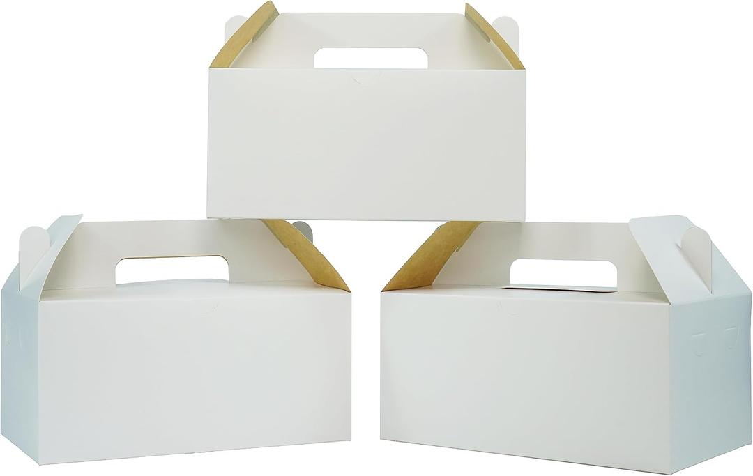 PandaPandaPPS 50 Pack White Gable Boxes (8.25"5"4") for Foods, Gifts and Party Favors, Goodie Gift Boxes Treat Boxes for Birthday Party, Wedding, Baby Shower