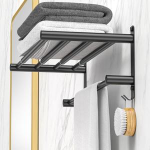 CAXIMSY Black Adjustable Towel Bar for Bathroom Wall Mount17-30.7inch Adhesive Shower Towel Rack Stainless Steel Bath Towel Holders for Toilet Kitchen Double Towel Hanger (Black 2-Layer Towel Rack)