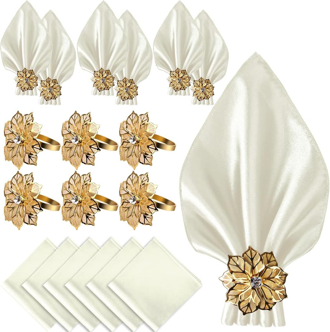 CROWN GUIDE 12 Pack Gold Napkin Rings and Cloth Napkins Set of 6, 17x17 Satin Cocktail Napkins Bulk Table Napkins Holder for Wedding Reception Personalized Napkins Bridal Shower for Party Decorative (Ivory)