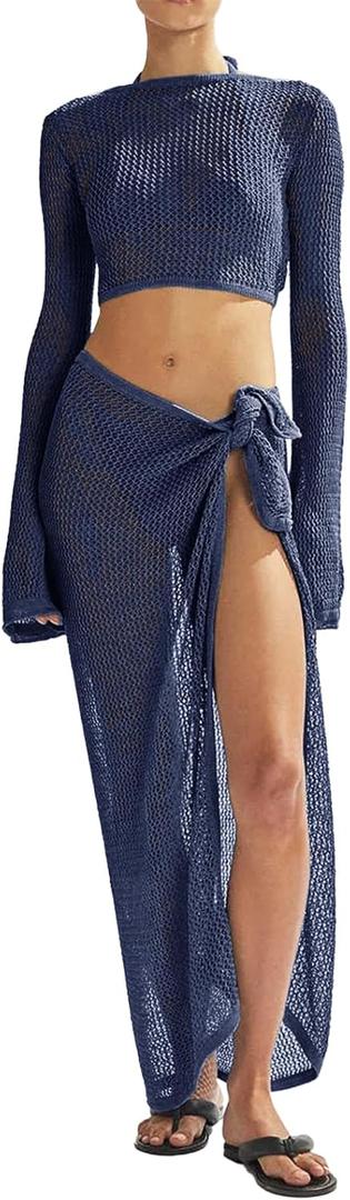 Women's Swimsuits Cover Ups Set for Crochet Bathing Suit Hollow Out 2 Piece Bikini Coverup Beach Swimwear (Medium, Navy-1)