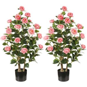 Artificial Camellia Tree, 3FT, Pink Flowers, 2 Pack