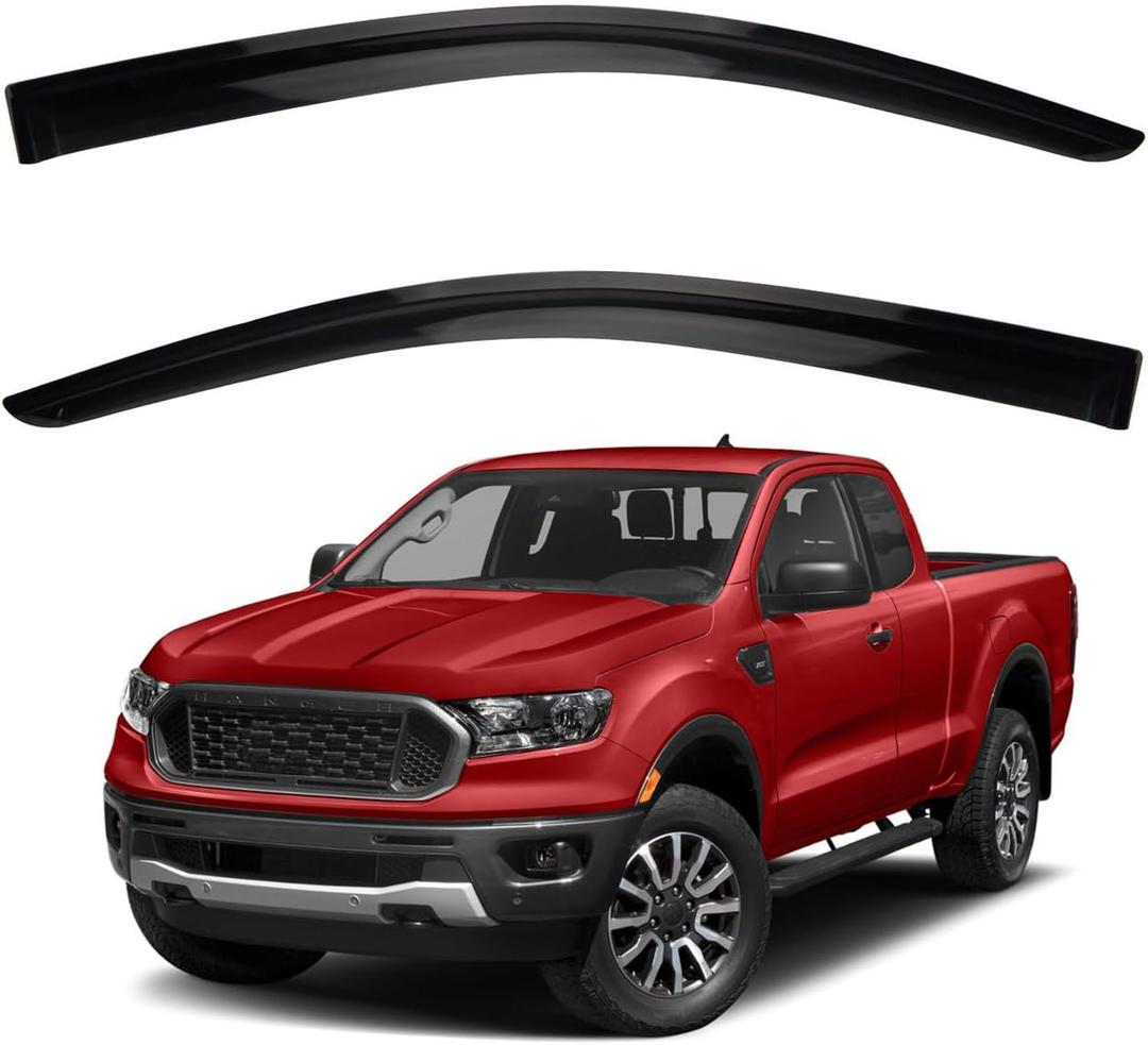 2pcs Smoke Tint Sun Rain Guard Vent Window Visors Compatible with 2019-2023 Ford Ranger Super/Extended Cab with 2 Half Size Rear Doors, Outside Mount Tape On Style Acrylic Set of 2 Front