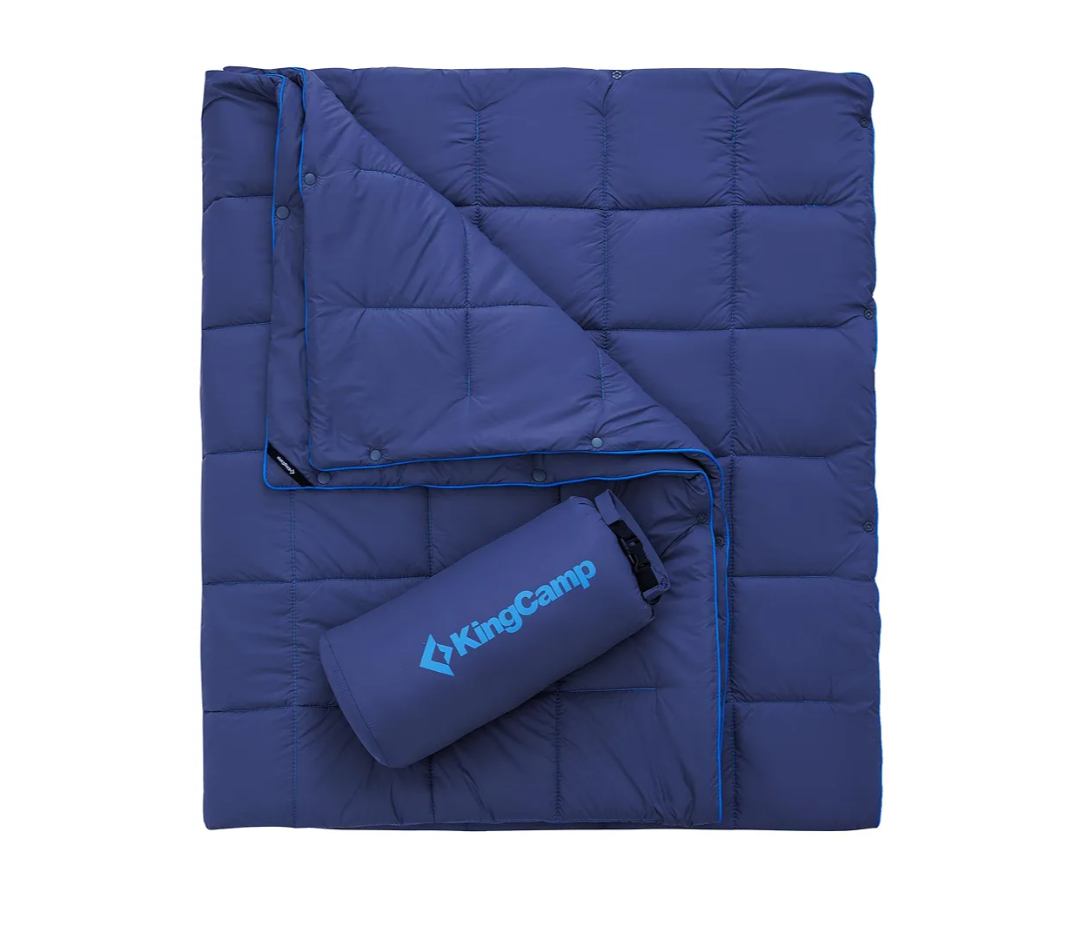 KingCamp Ultralight Camping Blanket, Packable Down Alternative Puffy Wearable Blankets Weatherproof Warm Package Quilt with Snap Buttons for Outdoor Hiking Travel Picnic Stadium (69" L x 53" W, Navy)
