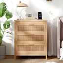 Keehusux Rattan Nightstand with Charging Station, 23.6" Wide Bedside Table with 3 Drawers, Boho Night Stand with Metal Handles, Accent End Table for Bedroom, Guest Room, Natural