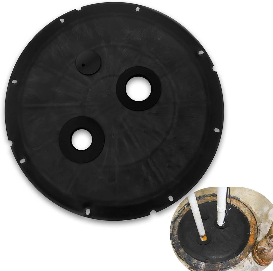 20.5 Inch Sump Pump Cover Plastic Submersible Sump Basic Cover Black Septic Tank Lid for Water Pump Basin Bucket Outdoor Well (Two Round Holes)