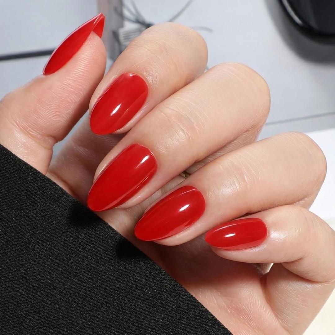 UNA GELLA 32Pcs Soft Gel Press on Nails - 16 Sizes Classic Red Almond Glue on Nails, Reusable Glossy Solid Red False Nails, Full Cover Acrylic Nail Kit for Women DIY Home Manicure