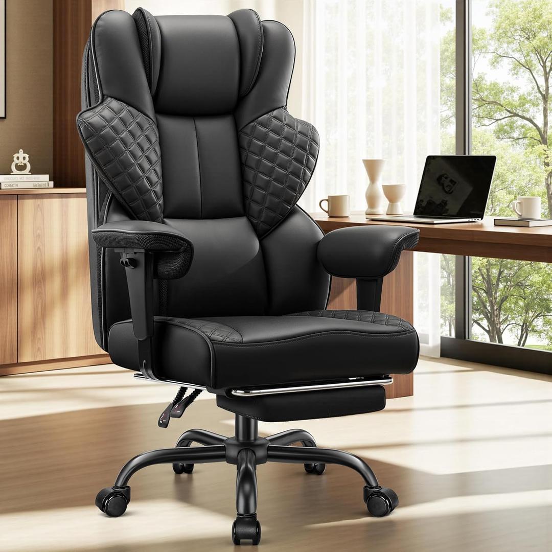 FelixKing Big and Tall Office Chair 500lbs - Ergonomic Desk Chair with Footrest, Scratch-Resistant PU Leather Computer Chair, 4D Lumbar Support Gaming Chair, Comfy Reclining Swivel Work Chair, Black