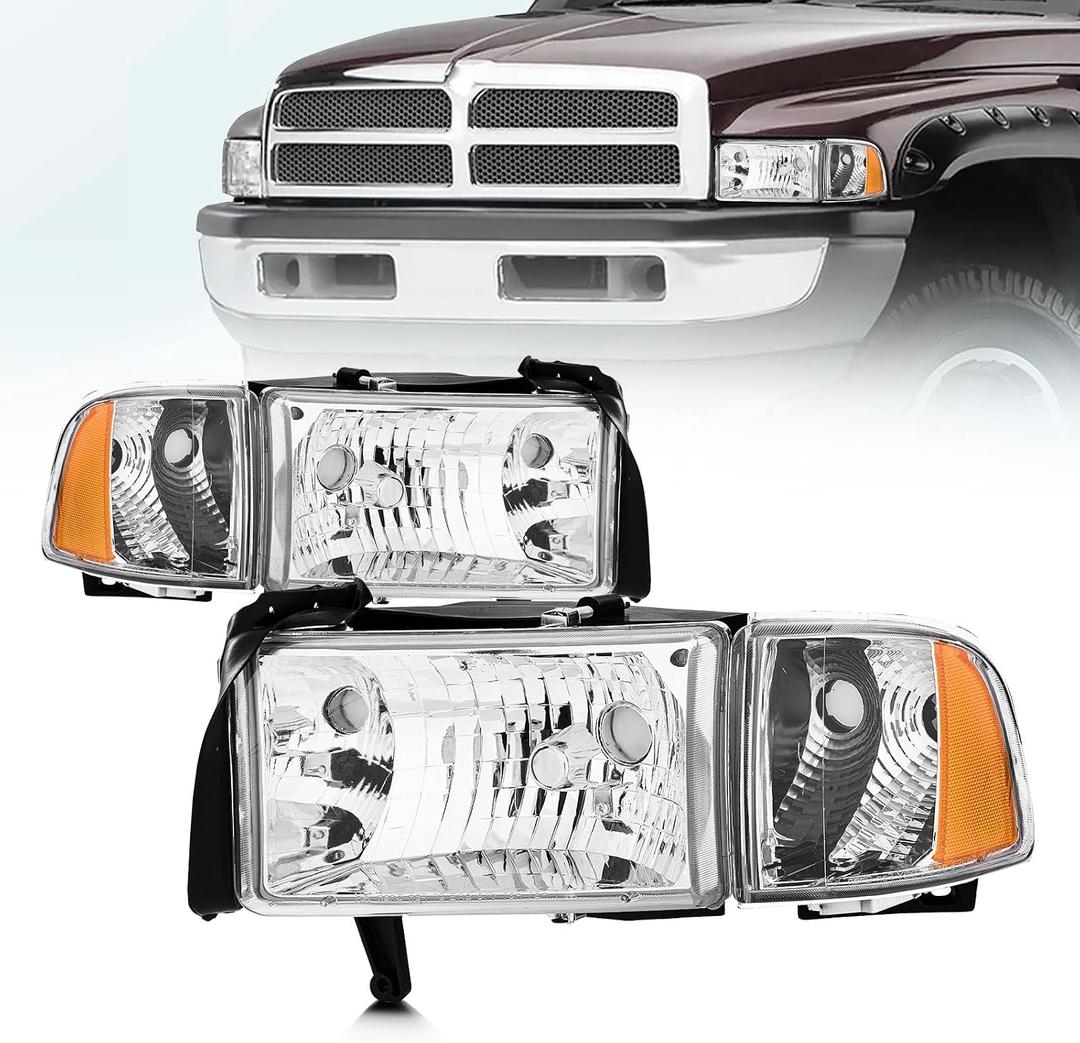 Headlight Assembly for 1994-2001 RAM 1500 & 1994-2002 Dodge RAM 2500 3500, Driver & Passenger Side, Chrome Housing, OE Replacement (No Bulbs)