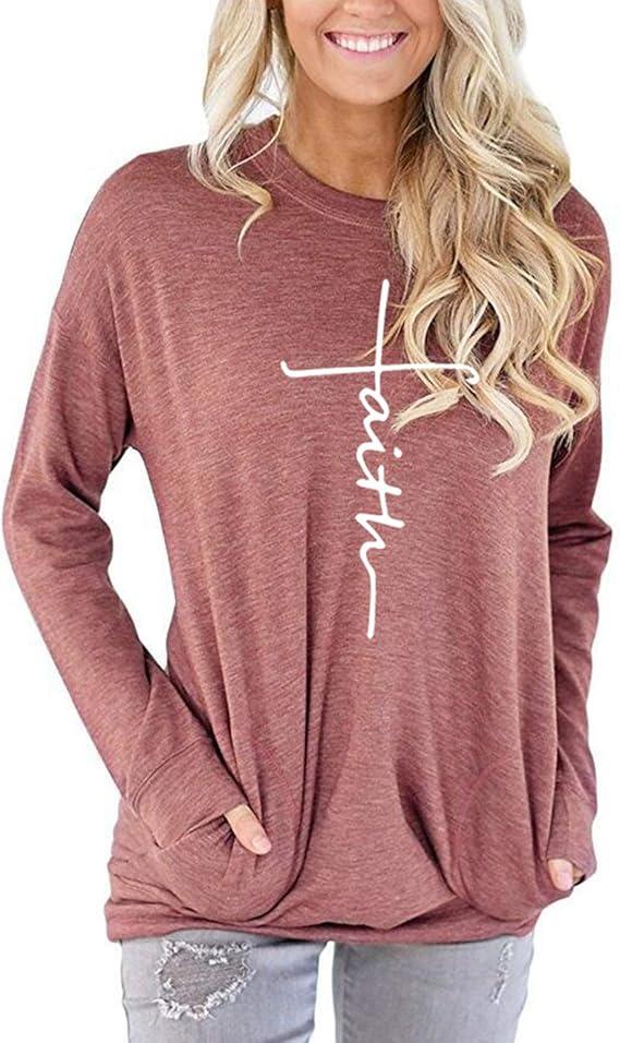 ZILIN Women's Casual Letter Print Crewneck T-Shirt Long Sleeve Tunic Tops Sweatshirt with Pockets Red, XX-Large