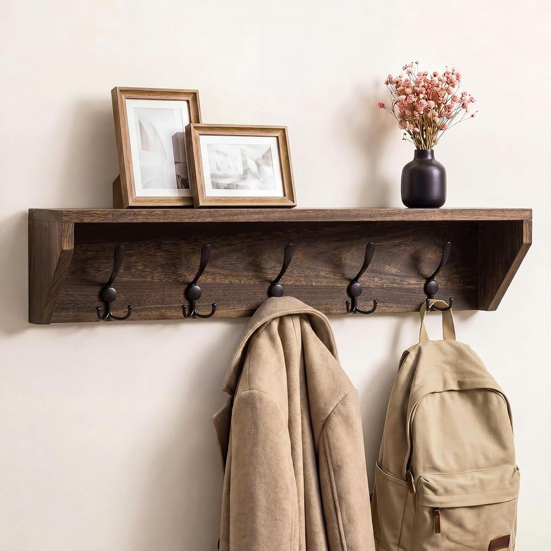 Geelin 35 Inch Wall Shelf with Hooks and Shelf Organizer Wall Mount Coat Rack with 5 Triple Hooks for Hanging for Entryway, Hallway, Bathroom, Living Room, Bedroom