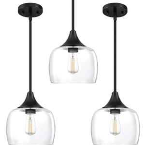3 Pack 1 Light Hanging Indoor Kitchen Island Pendant Ceiling Light 8.2" Drum Clear Seeded Glass Shade Fixture,Black Finish Modern Farmhouse Dinning Over Sink Adjustable Rod