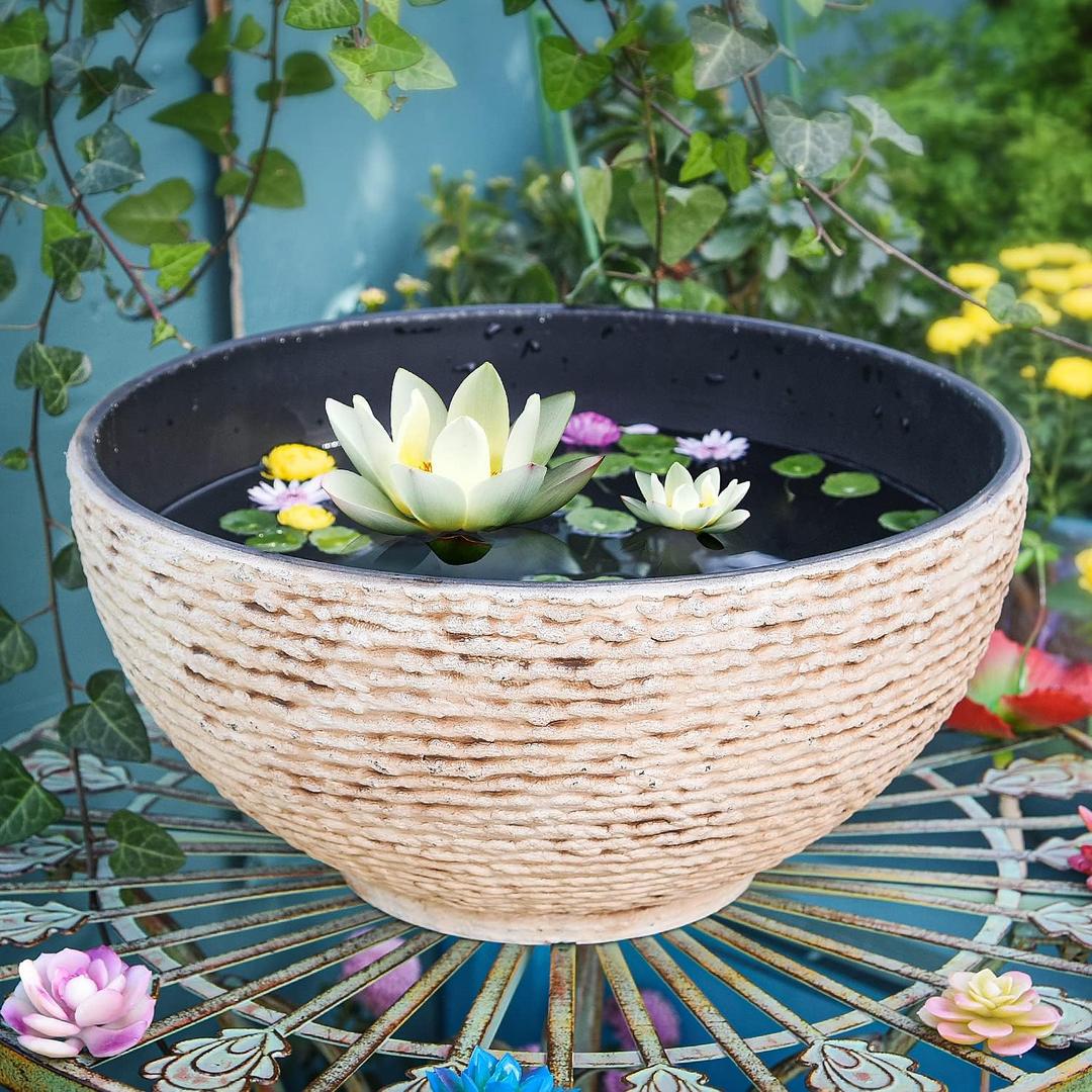 Sungmor Large Garden Bowl Planter Water Plant Pot, Miniature Landscaping Succulent Planter, 15.6 Inch Marble Texture Water Lily Pots, Small Fountain Base Mini Fish Pond Bird Bath (Earth Yellow)
