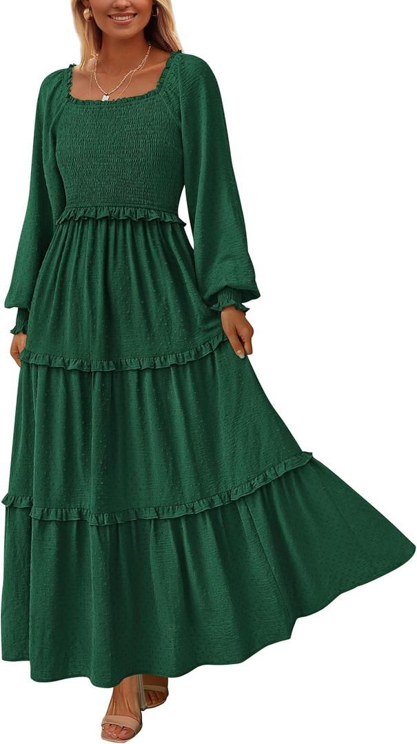 PRETTYGARDEN Fall Dresses for Women 2026 Long Sleeve Smocked Square Neck Swiss Dot Tiered Flowy Wedding Guest Maxi Dress (XX-Large, Dark Green)