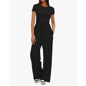 Darong Women's 2 Piece Set Outfits Lounge Sets Ruched Short Sleeve Tops High Waisted Wide Leg Pants Tracksuit Sets XS