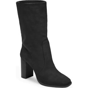 Juliet Holy Womens Mid-calf Boots Chunky Stacked Heel Square Toe Side Zipper Slip-on Suede Winter Booties (Black)