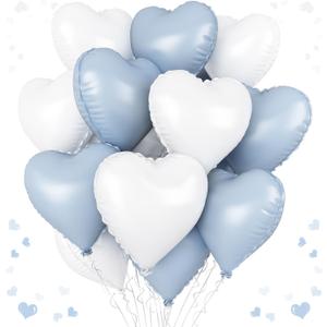Baby Blue and White Heart Balloons, 18 Inch Pastel Blue White Heart Shape Balloons, 12PCS Light Blue White Helium Foil Heart Balloon for Birthday Baby Shower Engagement Wedding Party Decorations