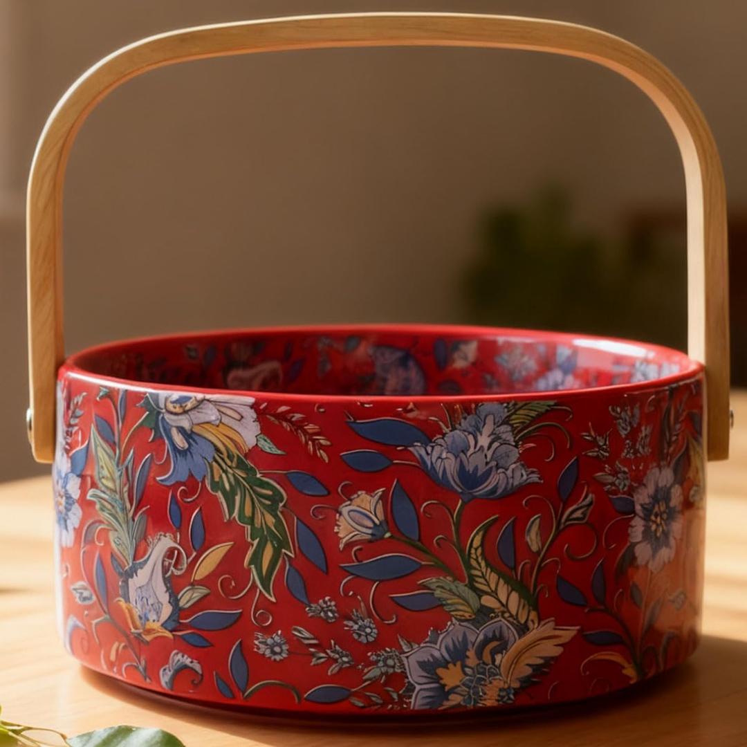 Ceramic Fruit Berry Basket with Detachable Wooden Handle Candy Dish Christmas Decorations Ornaments Decorative Bowl Home Kitchen & Dining Table Office Decor(Red)