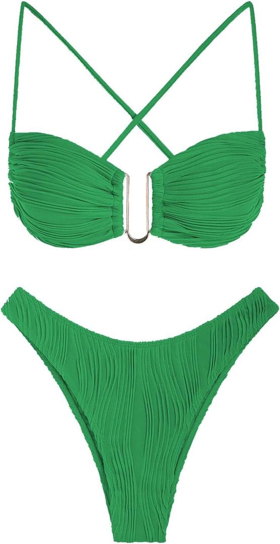 ZAFUL Women's Textured Underwire Bikini Set V Notch High Cut Swimwear Tie Side Ribbed Sexy Swimsuits, Size XL