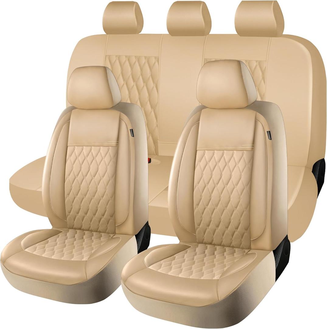 CAROMOP Faux Leather Car Seat Covers Full Set,Luxury and Comfortable Covers for Cars,Split Bench Compatible Car Interior Covers,Universal Fit for Suvs,Vans,Trucks,Airbag Compatible(5-Seat Beige)