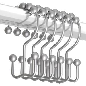 Titanker Shower Curtain Hooks Rings, Rust-Resistant Metal Double Glide Shower Hooks for Bathroom Shower Rods Curtains, Set of 12 Hooks - Space Silver