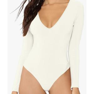 Women's V-Neck Long Sleeve Bodysuit for Women - Sexy & Comfortable Stretchy Top Medium