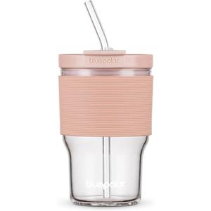 Glass Juice Bottles with Lids and Straws,16oz/480ml Reusable Iced Coffee Glasses,Cold Brew Tumblers with Leakproof Lids,BPA-Free Glass Jars for Juicing,Matcha,Tea,Smoothie (Pink with Sleeve)