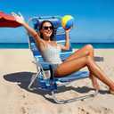 5-Position Aluminum Lay Flat Tall Beach Chair, Compact Portable Backpack Beach Chair for Adults with Cooler Pouch, Storage Pouch, Towel Bar, Cup Holder & Phone Holder, Blue Stripe