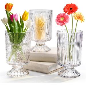 Pumtus 3 Pack Flower Vases for Centerpieces, Vintage Glass Pedestal Vase Set, Decorative Embossed Big Base Vase, Clear Hurricane Candle Holder, Medium Cylinder Vase for Wedding, Home, Party, Office