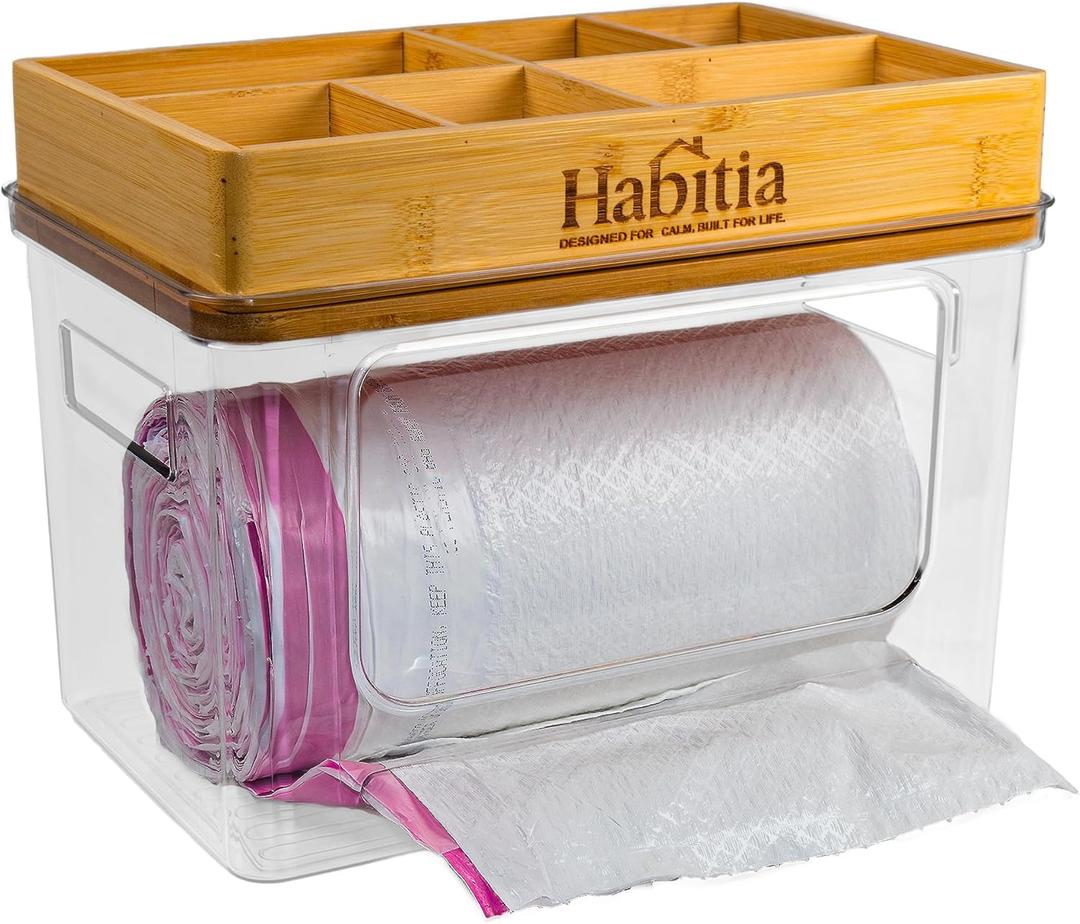 Trash Bag Holder Dispenser  2-Piece Organizer with Bamboo Lid & PET Base  Under Sink Kitchen Cabinet Bag Storage Solution
