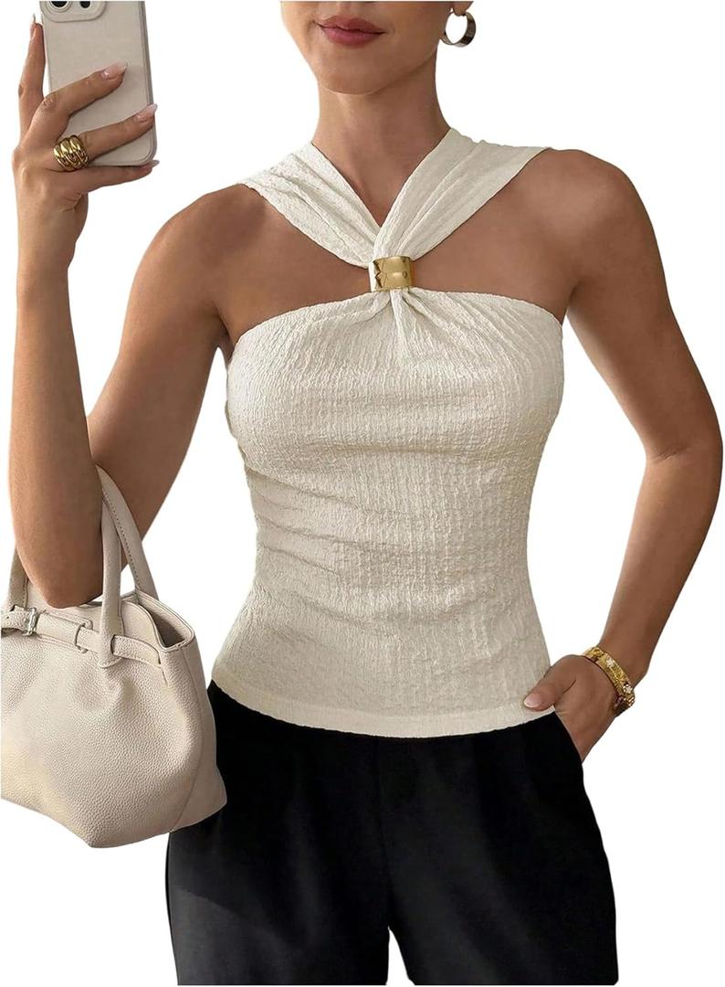 Milumia Women's Twist Halter Tops Metal Decor Textured Sleeveless Backless Tank Top (White, M)