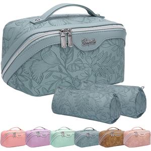 BOYATU Travel Makeup Bags Cosmetic Organizer Bag: 3-Set Large Capacity Make up Bag - PU Leather Toiletry Bags for Women - Wide Open Portable Pouch with Divider & Handle (01-Light Blue)