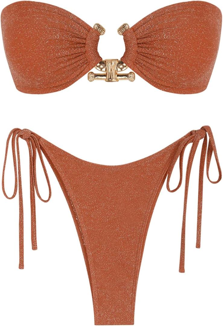 ZAFUL Metal Ring Bandeau Bikini Set Tie Side Bathing Suit High Cut 2 Piece Swimsuit Cutout Swimwear (Medium, Shiny Rust Red)