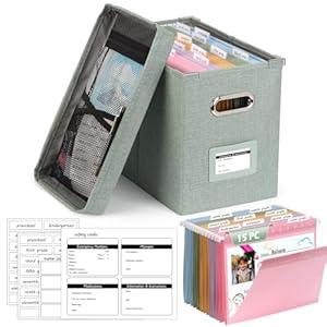 DOSTATNI School Years Organizer Kit K-12 School Years Memory Keeper with 15 Hanging File Folders Plastic 4 different Labels Memory Keepsake Box for kids Storage Pictures File Keeper (Green)