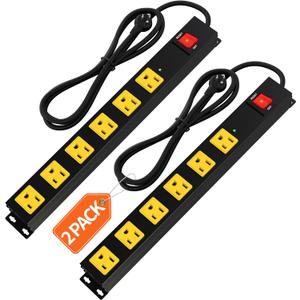 Heavy Duty 6 Outlet Metal Long Power Strip, 2700J Surge Protector with 15A Circuit Breaker, 6FT Extension Cord, Wall Mount for Garage, Workshop & Industrial Use, Wide Spaced (2 Pack 6 Ft)