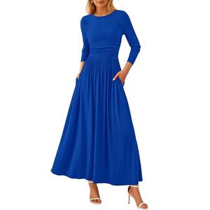 PRETTYGARDEN Women's 2025 Fashion Trendy Fall Long Sleeve Dresses Ruched Flowy Elegant Modest Boho Casual Beach Maxi Dress (Royal Blue, X-Large)