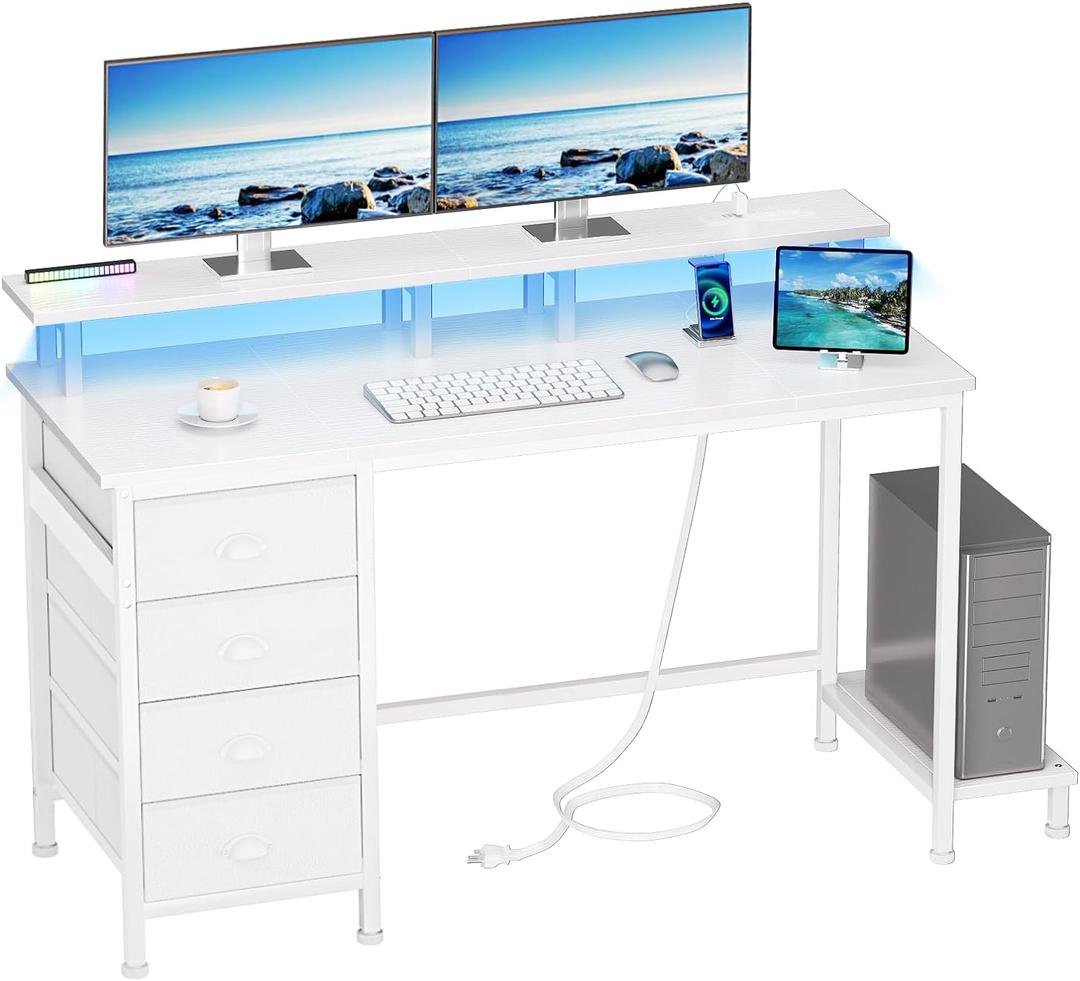 Furologee Computer Desk with 4 Fabric Drawers, 47 Inch Gaming Desk with Power Outlets and LED Lights, Home Office Desk with Full Monitor Stand and Shelf, Study Writing Desk for Bedroom, White