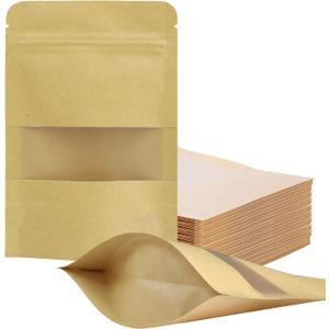FireKylin 100 Pcs Paper Bags Resealable Bags Inner Size 3.3" x 3.5"(Outer Size 3.9" x 5.9") Zipper Food Storage Bags, Stand Up, with Matte Window, Reusable, Sealable, for Packaging Products (Brown)