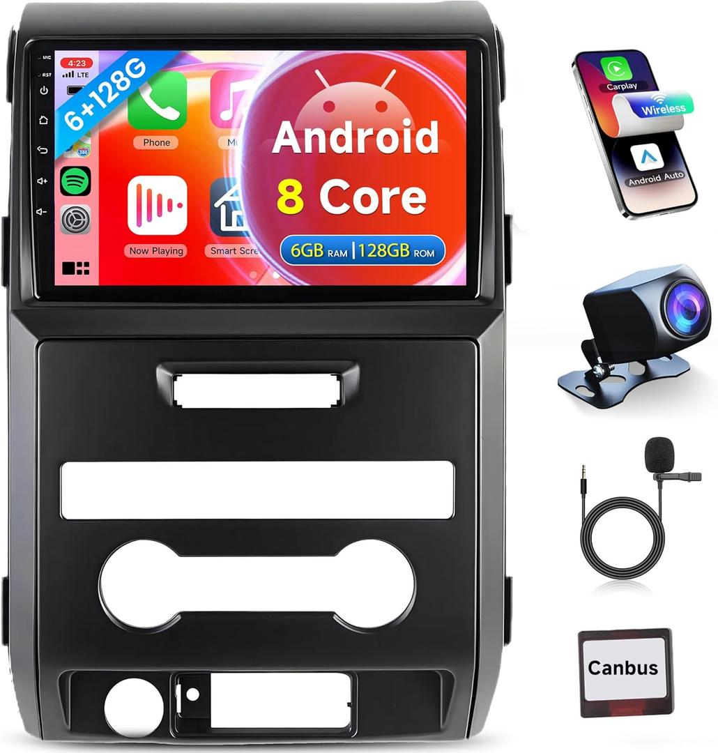 8 Core 6G+128G Rimoody Car Radio for Ford F150 SVT Raptor 2009 2010 2011 2012, Android Car Stereo Wireless Carplay Mirror Link GPS WiFi 9 Inch Touch Screen Bluetooth FM DSP + Backup Camera