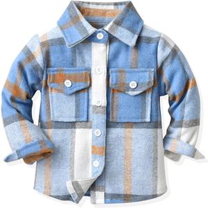 Toddler Boys' Girls' Flannel Plaid Shirt Button Down Long Sleeve Jacket Lapel Shacket Coat Tops Casual Outwear (Blue)