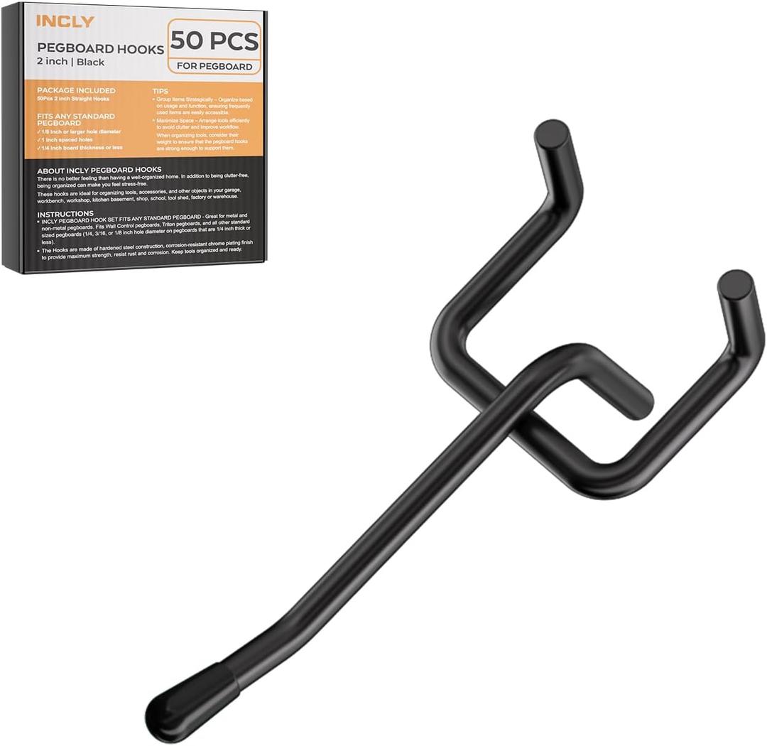 INCLY 50 Pack Black Pegboard Hooks, 2 Inch Metal Peg Board Hooks Accessories, Peg Board Tool Hangers Fit for 1/8 and 1/4" Pegboard Hanging Tools for Garage, Craft Room, Kitchen, Store
