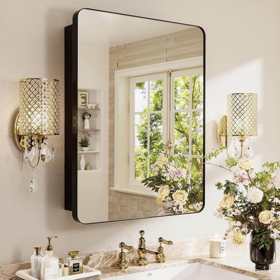 Medicine Cabinet with Mirror 16x24 Inch, Aluminum Bathroom Cabinet Recessed or Surface Mount, 8 Adjustable Glass Shelves, DTC Soft Close Hinge, Pre-Assembled, Matte Black