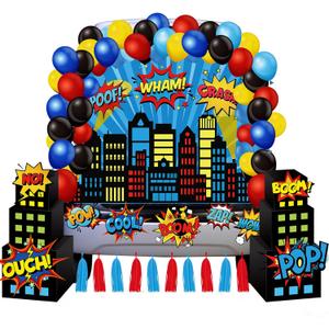 Tiamon 86 Pcs Halloween Trunk or Treat Car Decorations Kit with City Skyline Buildings Boxes Banner Balloons Hero Cutouts Blue Red Paper Tassels for SUV Garage Door Decorations Hero Supplies