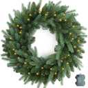 Christmas Wreath Pre Lighted 24 inch with 50 Led Fraser Fir Foliage Tips, Battery Operated Artificial Christmas Wreaths for Front Door with Lights, Green Christmas Decoration for Door Windows Wall