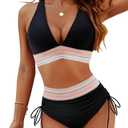 Blooming Jelly Women High Waisted Bikini Sets Tummy Control Swimsuits Color Block Two Piece Drawstring Bathing Suit L