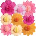 SUNBEAUTY 9PCS Hot Pink and Orange Party Decorations Paper Flowers Honeycomb Hanging Large Paper Flowers Pom Poms Fiesta for Girl Women Birthday Spring Garden Tea Party Wedding Baby Shower Wall