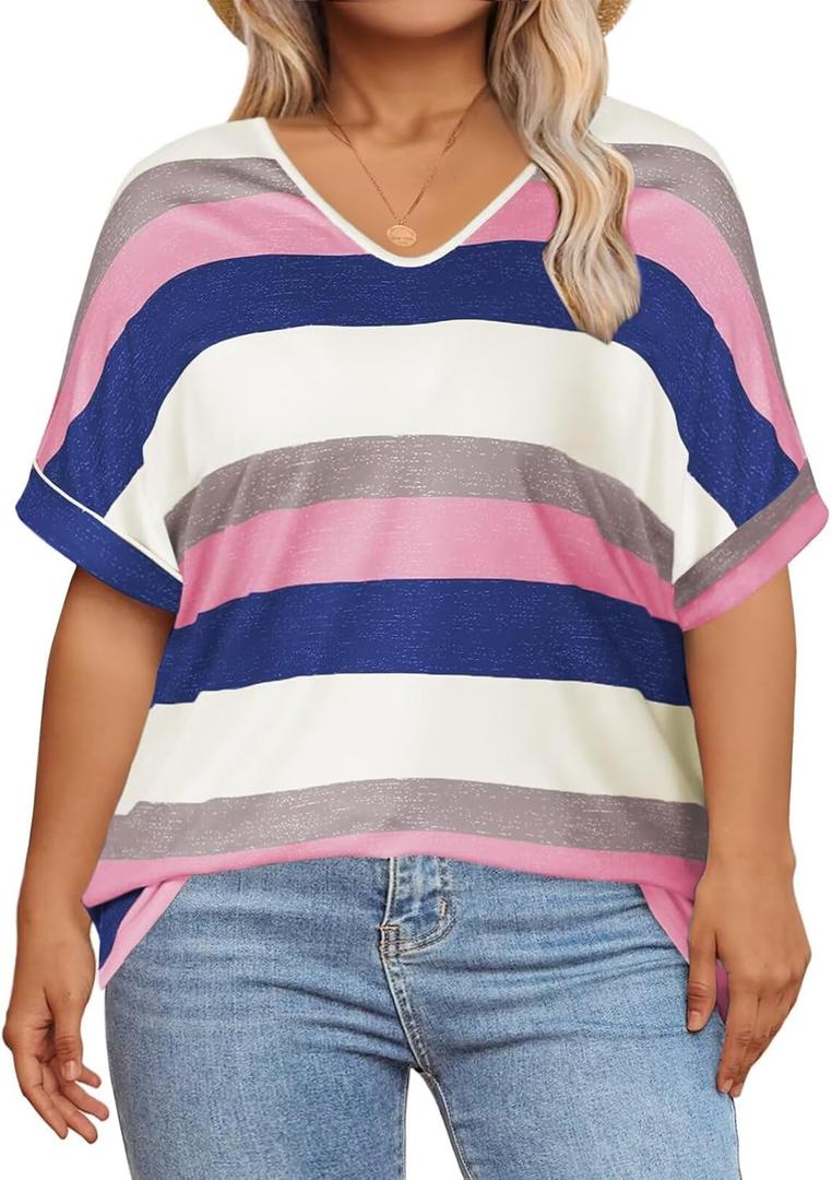 DOLNINE Plus Size Tops for Women V Neck Color Block Striped Tshirts Loose Fit Short Sleeve Shirts Casual Summer Tunic Tees (Pink, XXL)