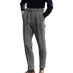Men's High Waisted Tweed Dress Pants Pleated Front Vintage Wool Trousers Grey L