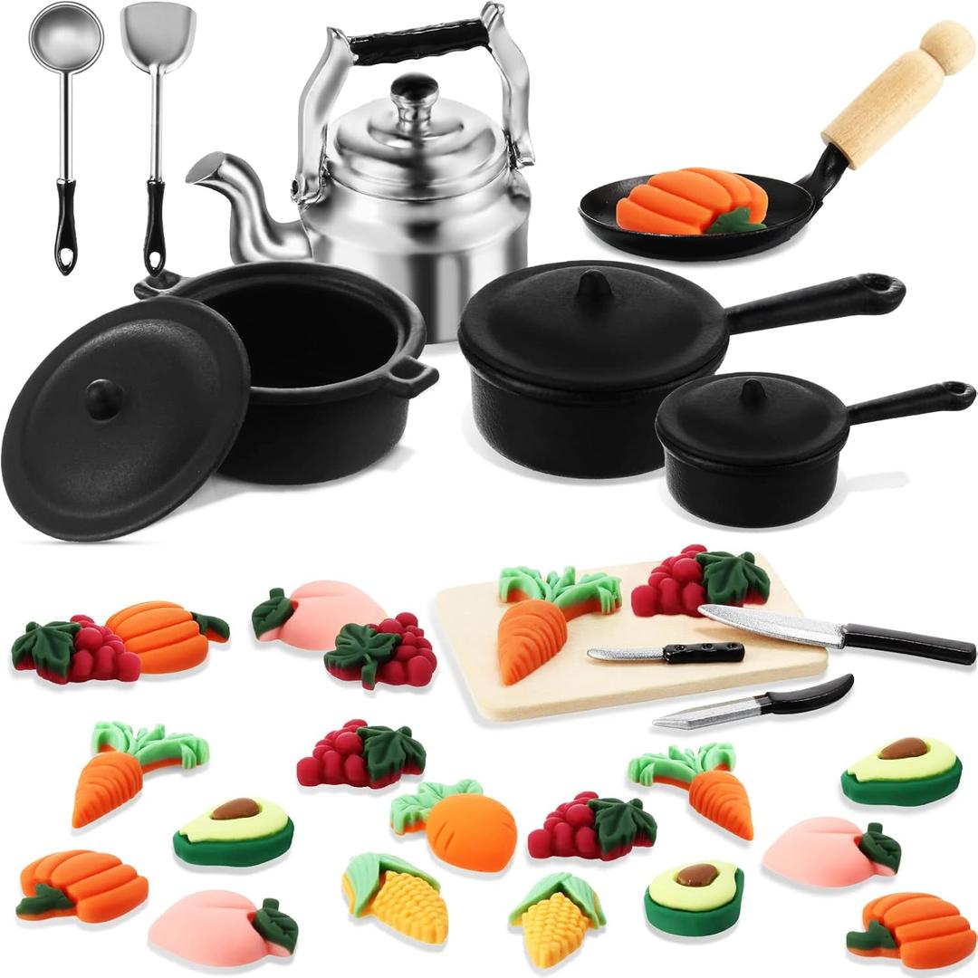 34 Pcs Miniature Dollhouse Kitchen Accessories 1/12 Scale Mini Dollhouse Metal Pots and Pans Stovetop Cookware Miniature Food Vegetables Fruits for Christmas Pretend Play Game Party Gifts Decoration